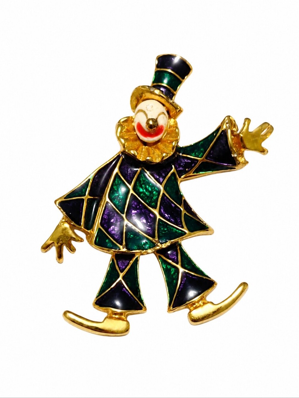 Gold Tone Harlequin Clown Brooch with Green and Purple Enamel